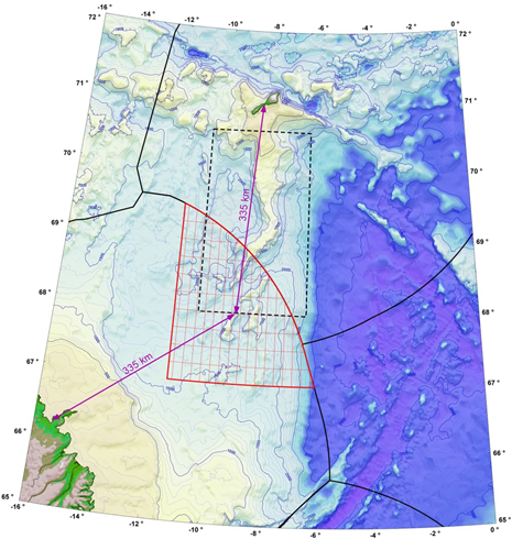 The area opened for licensing d by Iceland is shown in red, with the area covered by the Norwegian-Icelandic agreement delineated by a dotted black line. Iceland is at bottom left, and Jan Mayen at the top of the map – roughly on the 71st parallel. (Source: Orkustofnun - National Energy Authority)