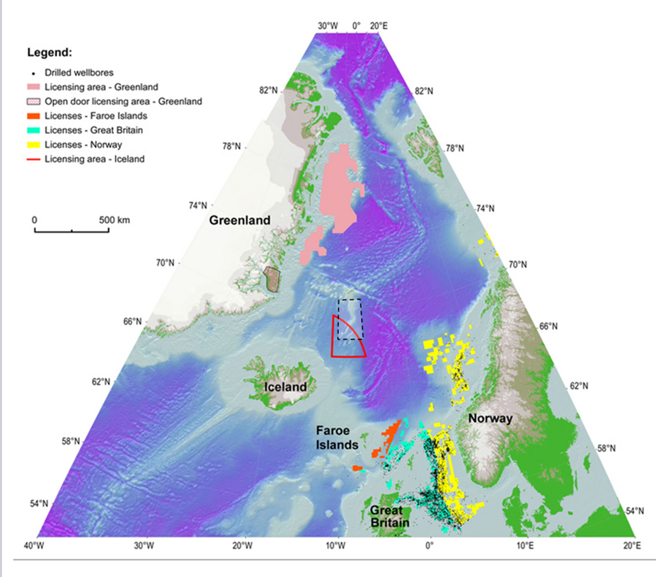 The licenced area is marked in red at the center of the map. The black box marks the area covered by the 1981 Icelandic-Norwegian agreement. The island of Jan Mayen is located north of this area. The map shows petroleum provinces surrounding Dreki/ Jan Mayen: Norway, UK, the Faroe Islands and Greenland Grønland. (Source: Orkustofnun – National Energy Authority)